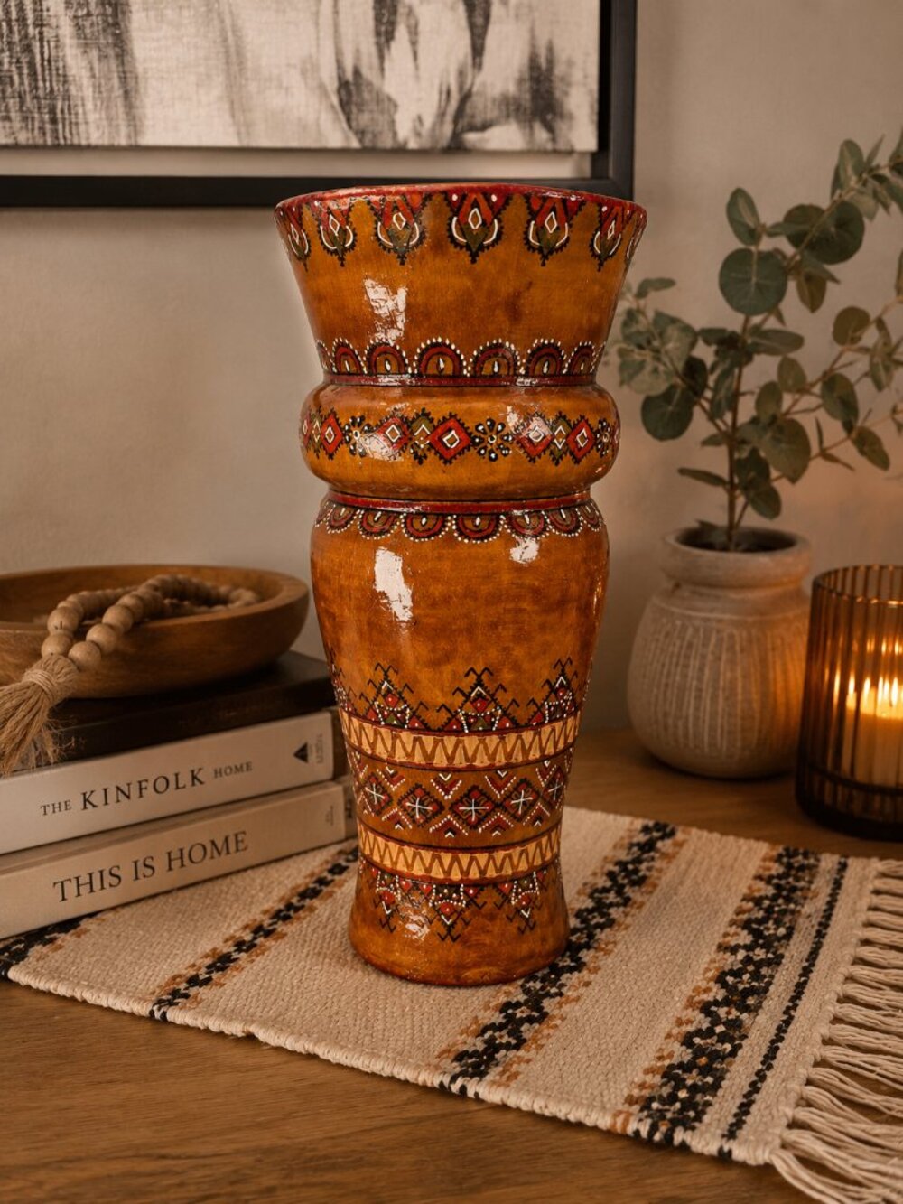 Vintage Ukrainian Hutsul Wooden Folk Art Vase Traditional Geometric Pyrography